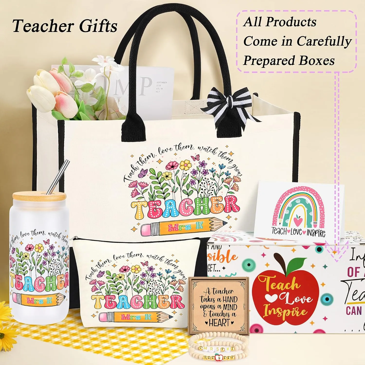 Initial Teacher Appreciation Gifts for Women, Christmas Thanksgiving Thank You Gifts for Teachers Set of 5