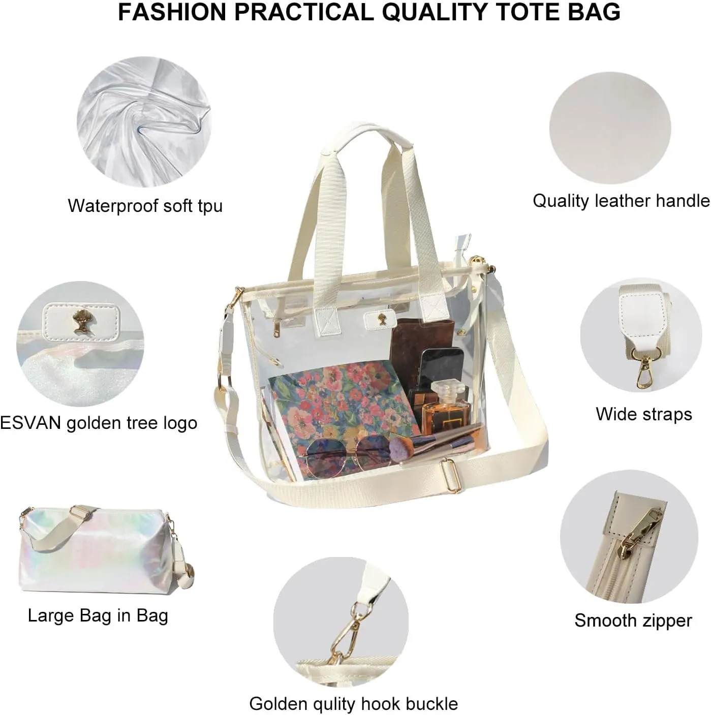 Iridescent Soap Bubble Clear Tote Bag – Stadium Approved with Bag-in-Bag Shoulder Design for Concerts, Beaches, Events