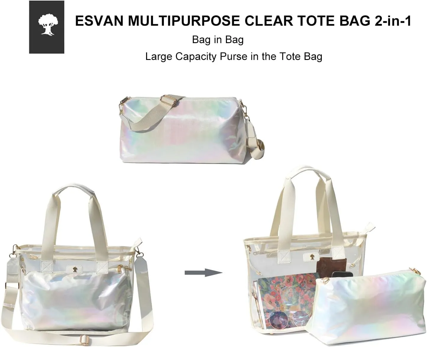 Iridescent Soap Bubble Clear Tote Bag – Stadium Approved with Bag-in-Bag Shoulder Design for Concerts, Beaches, Events