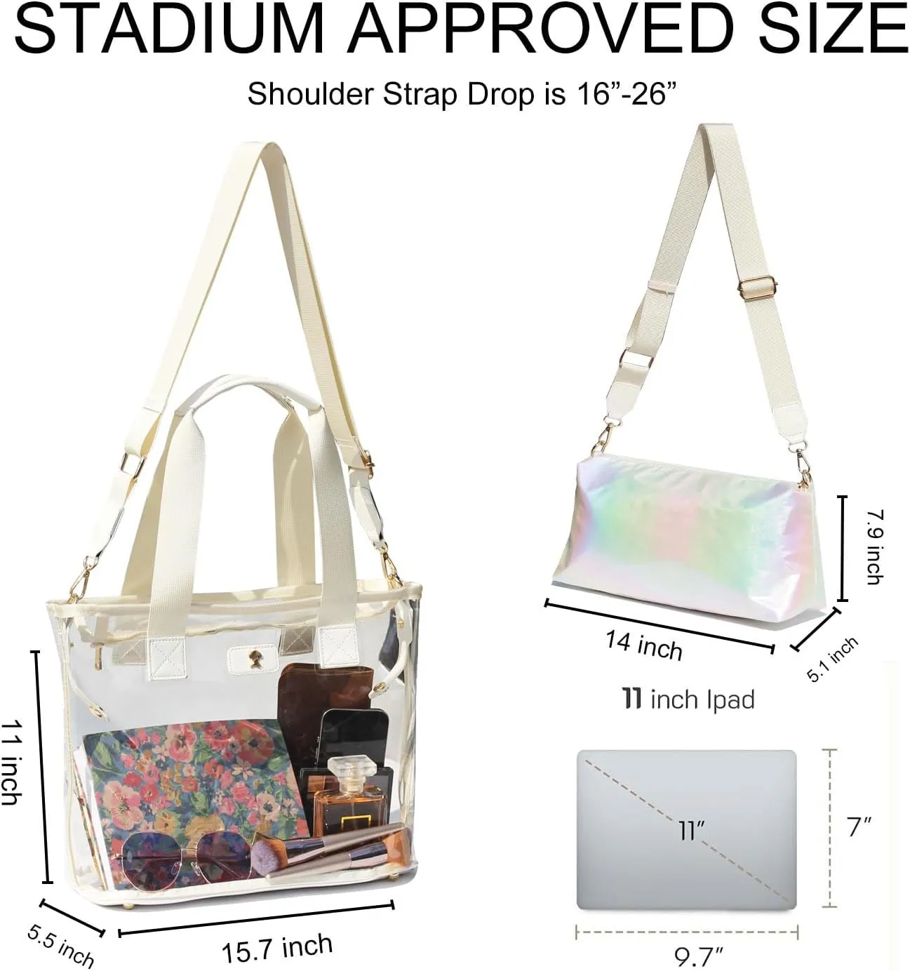 Iridescent Soap Bubble Clear Tote Bag – Stadium Approved with Bag-in-Bag Shoulder Design for Concerts, Beaches, Events