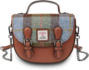 Islander® The Mini Cobble Satchel - Small Ladies Satchel With HARRIS TWEED - Chestnut Blue Tartan, Chestnut Blue Tartan, Mini