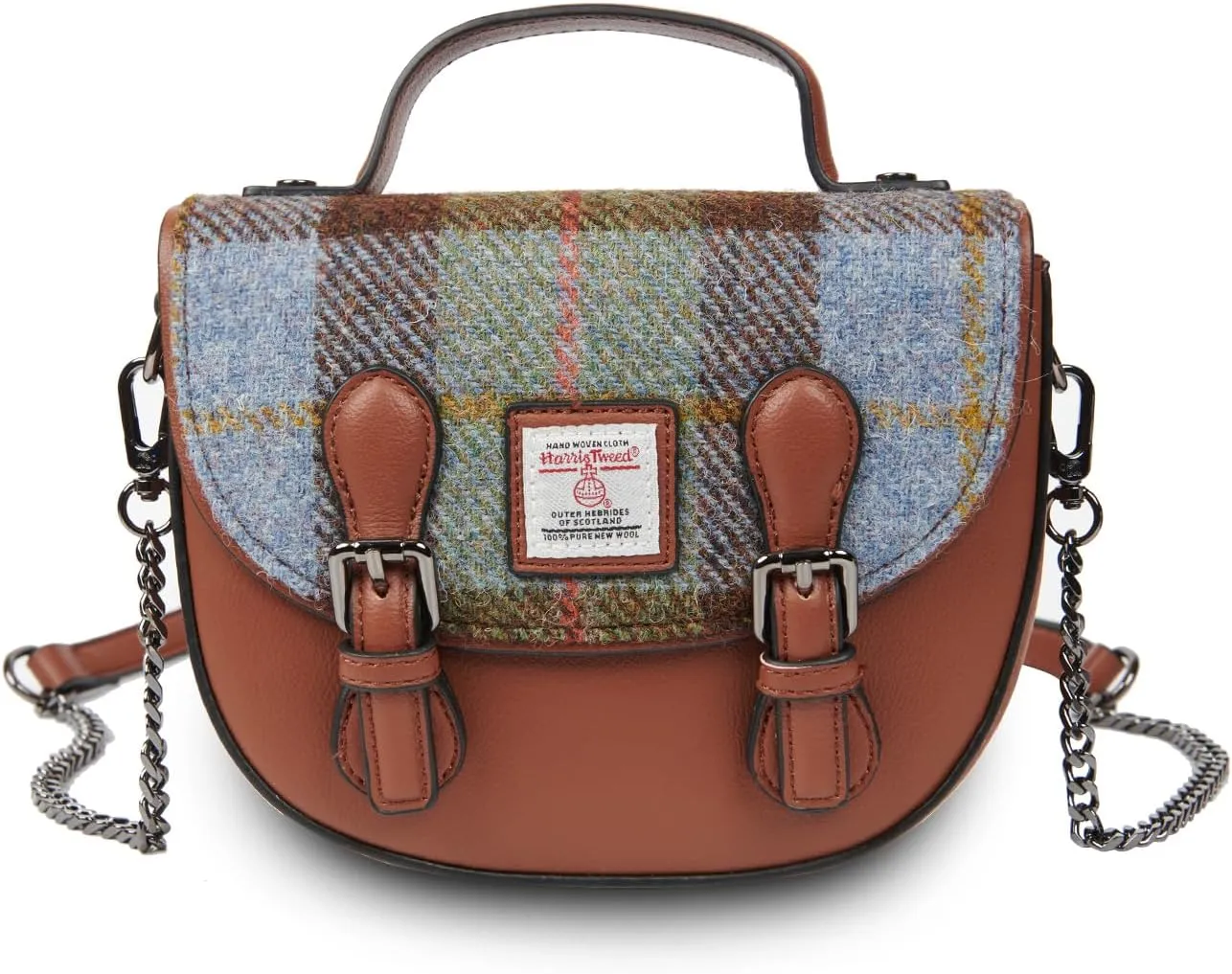 Islander® The Mini Cobble Satchel - Small Ladies Satchel With HARRIS TWEED - Chestnut Blue Tartan, Chestnut Blue Tartan, Mini