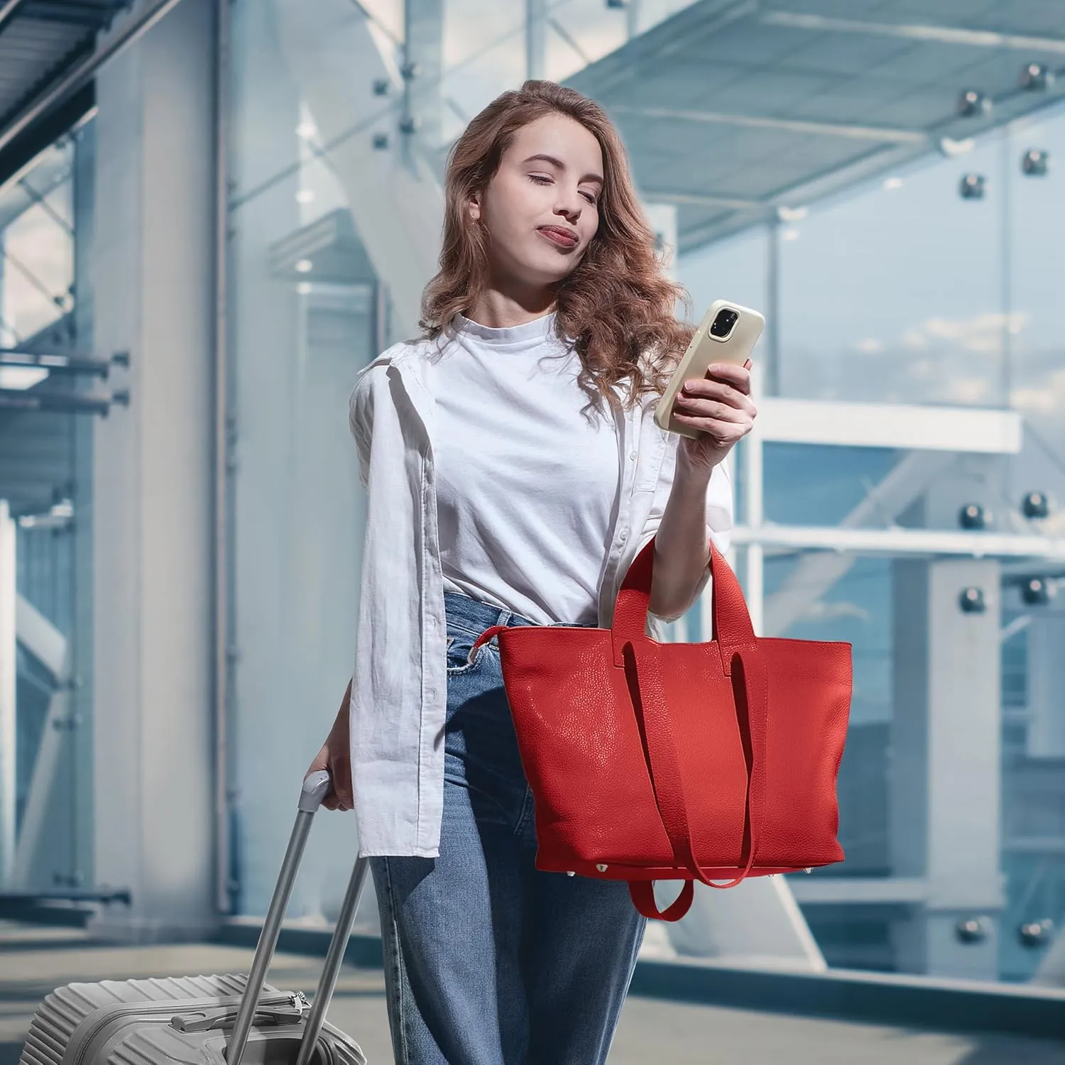 Italian Genuine Calf Leather Tote Satchel Bag for Women with Zipper & Double Straps | Wide Large Work Laptop Shoulder Handbag