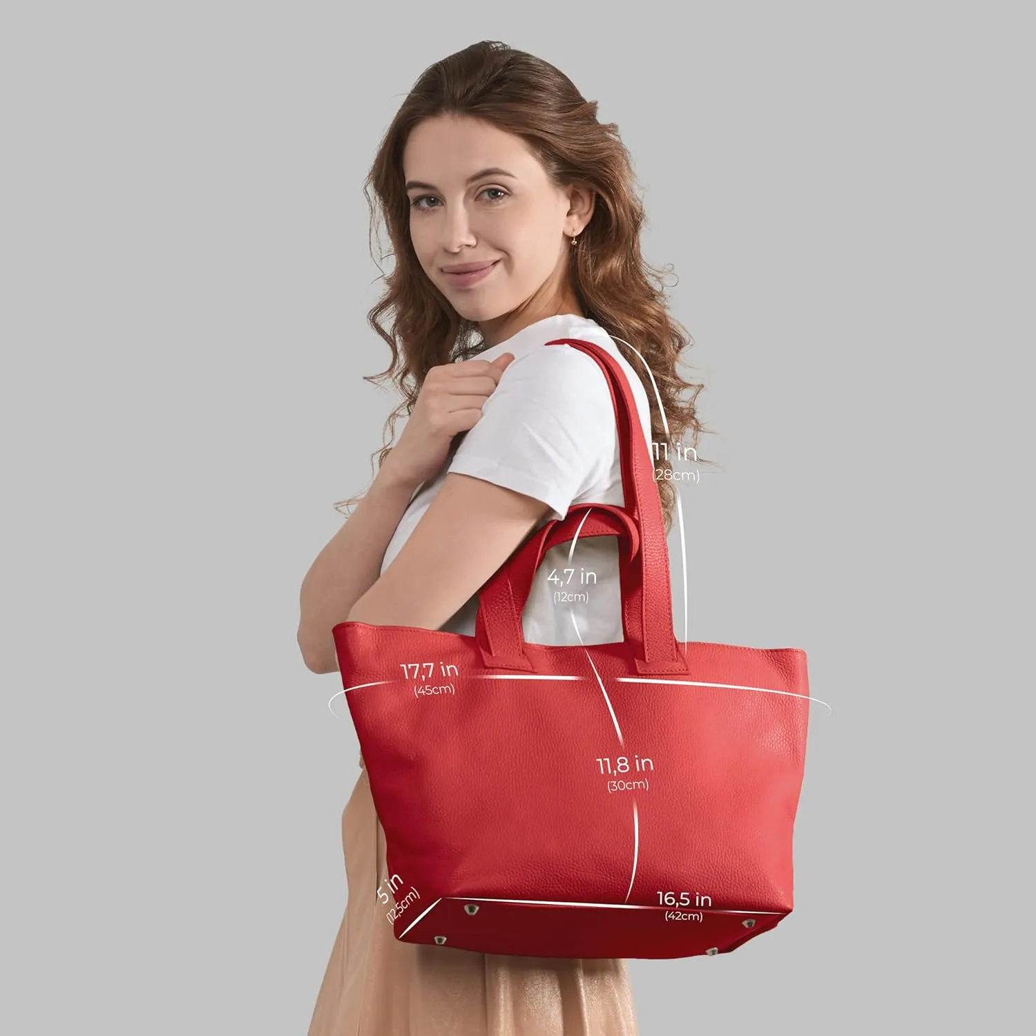 Italian Genuine Calf Leather Tote Satchel Bag for Women with Zipper & Double Straps | Wide Large Work Laptop Shoulder Handbag