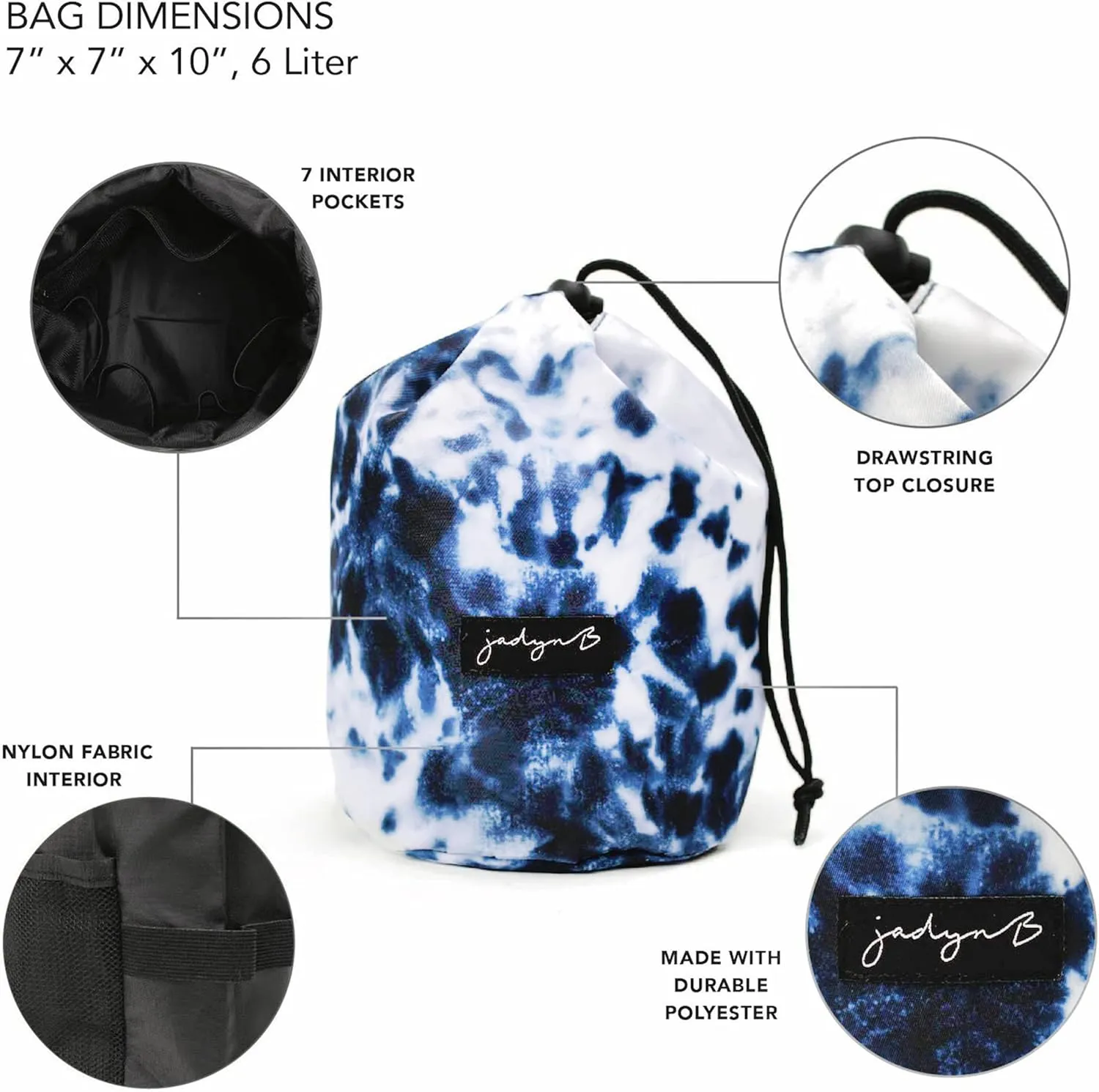Jadyn Durable Cinch Top Makeup Organizer - Compact Travel Makeup Bag - 7 Interior Pockets for Cosmetics - Drawstring Toiletry Travel Bag for Women - 6L Storage Capacity (Tie Dye)