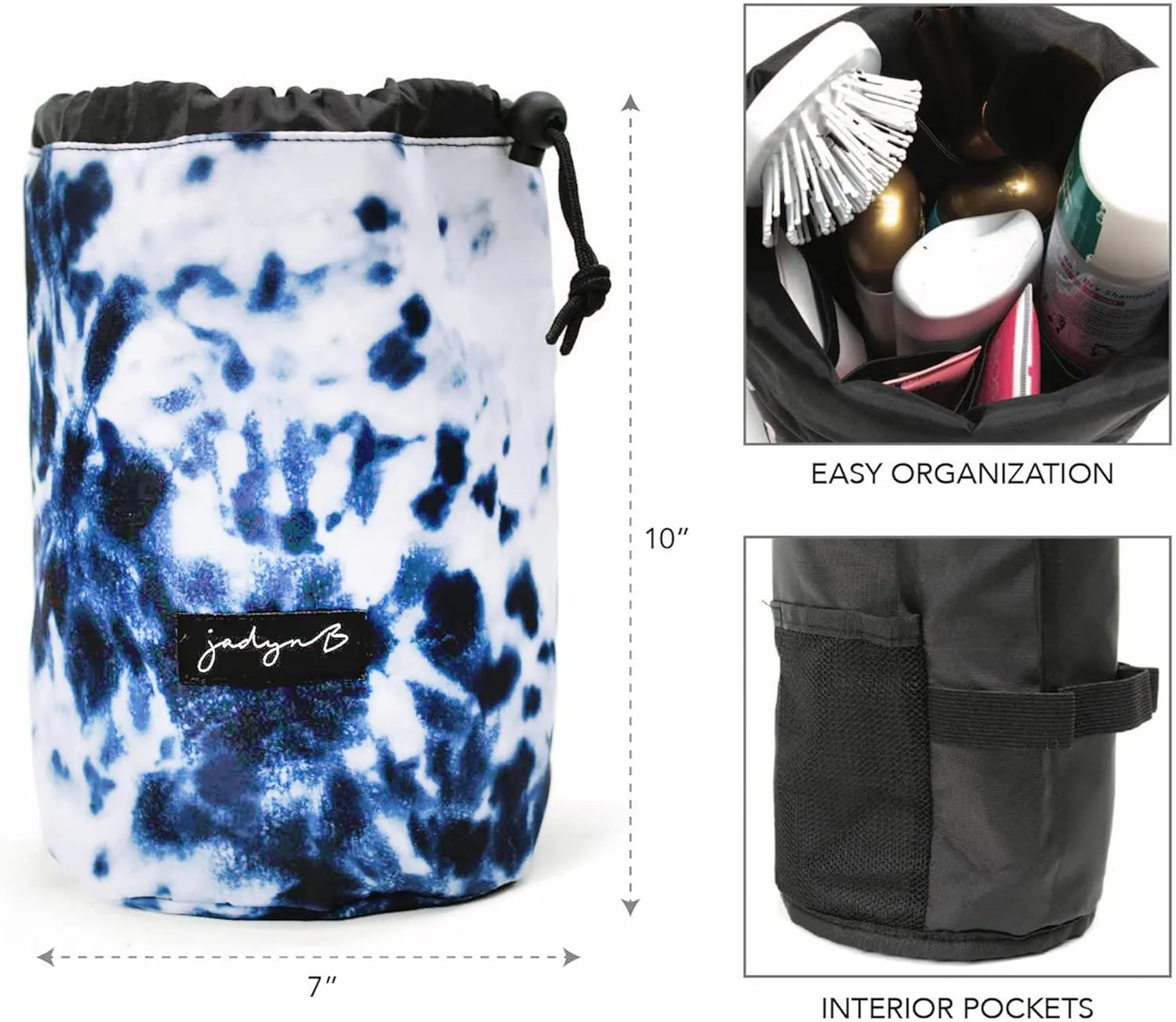 Jadyn Durable Cinch Top Makeup Organizer - Compact Travel Makeup Bag - 7 Interior Pockets for Cosmetics - Drawstring Toiletry Travel Bag for Women - 6L Storage Capacity (Tie Dye)