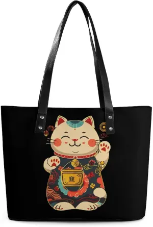 Japanese Lucky Cat Purse for Women Casual Tote Bags Purses Ladies Top Handle Shoulder Handbag for Work Travel
