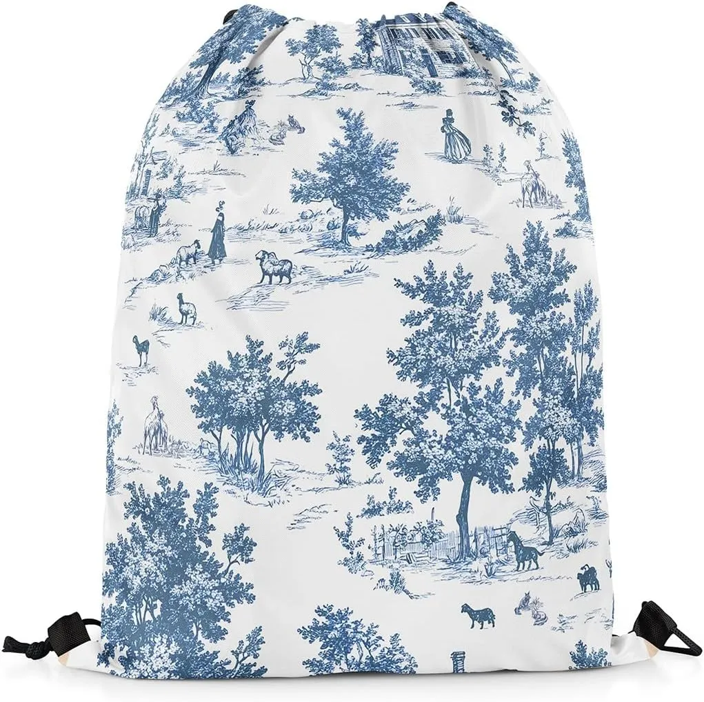jejeloiu Vintage French Country Drawstring Backpack 57"x3.1" Western Waterproof Gym Drawstring Bags Farmhouse Blue Sports String Backpack