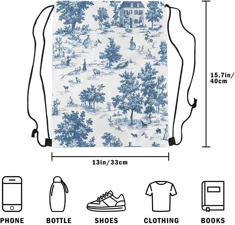 jejeloiu Vintage French Country Drawstring Backpack 57"x3.1" Western Waterproof Gym Drawstring Bags Farmhouse Blue Sports String Backpack