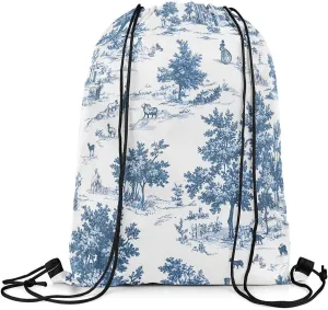 jejeloiu Vintage French Country Drawstring Backpack 57"x3.1" Western Waterproof Gym Drawstring Bags Farmhouse Blue Sports String Backpack