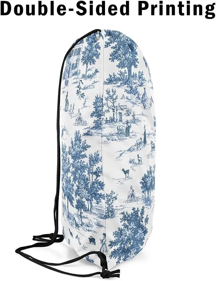 jejeloiu Vintage French Country Drawstring Backpack 57"x3.1" Western Waterproof Gym Drawstring Bags Farmhouse Blue Sports String Backpack