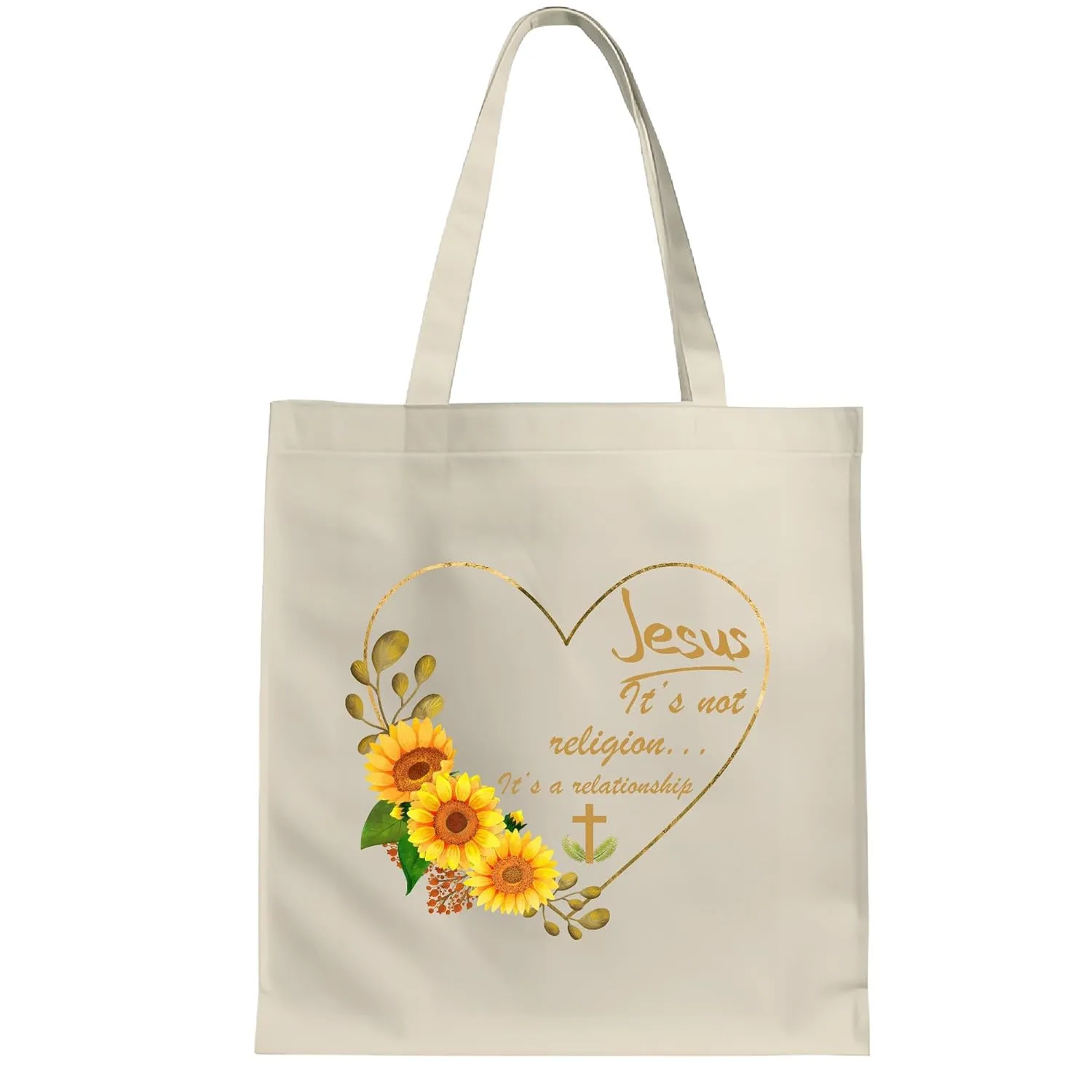 Jesus It is not a Religion It is a Relationship Sunflower Graphic Natural White Multicolor Canvas Tote Bag