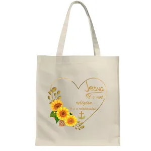 Jesus It is not a Religion It is a Relationship Sunflower Graphic Natural White Multicolor Canvas Tote Bag