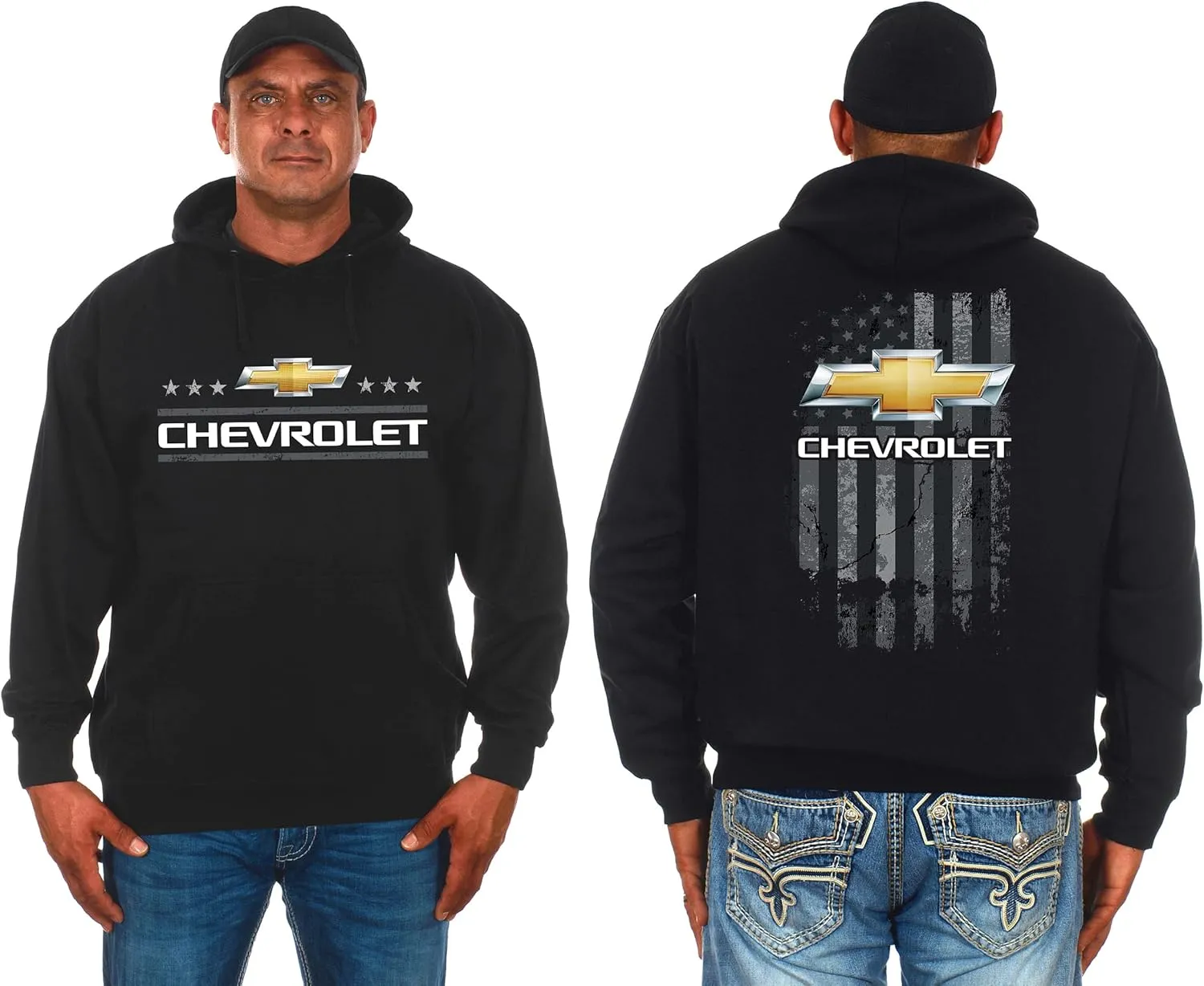 JH DESIGN GROUP Men's Chevy Pullover Hoodie American Flag 2 Sided Sweatshirt