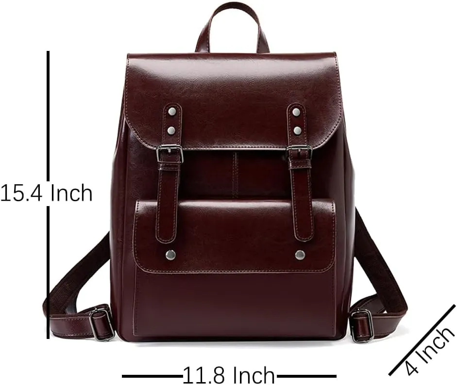 JIUFENG Women Genuine Leather Shoulder Backpack, Retro Satchel Bag Unisex Laptop Pack Bag, Large Capacity and Wear-resistant