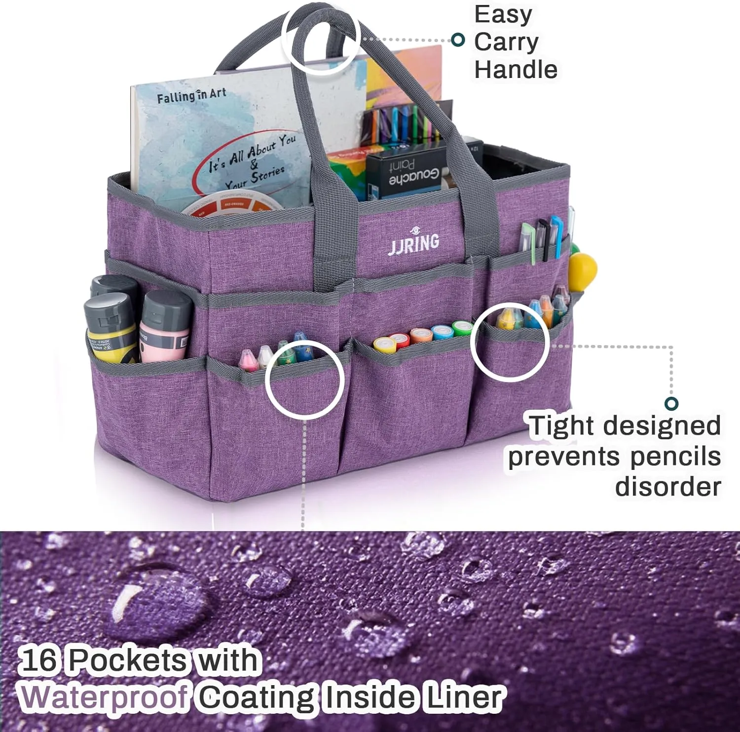 JJRING Craft Tote Bag Organizer for Art Storage, Art Tote Organization with Multiple Pockets, Art Sewing Supply Bag for Scrapbooking, Medical, and Office Supplies Storage (Purple)