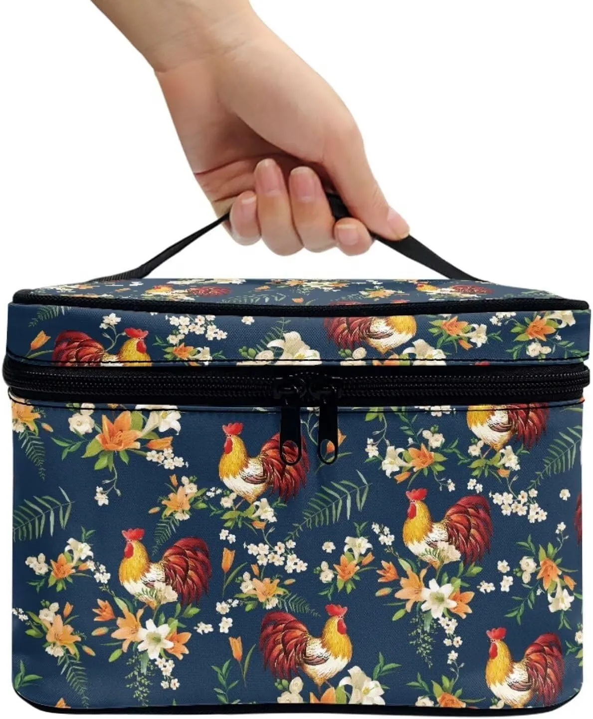 JoyLamoria Chicken Floral Toiletry Bag Case Durable Cosmetic Bag Makeup Box Zipper Pouch