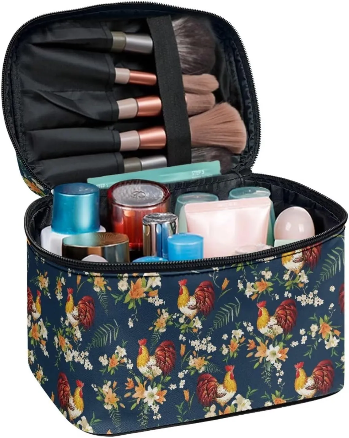 JoyLamoria Chicken Floral Toiletry Bag Case Durable Cosmetic Bag Makeup Box Zipper Pouch