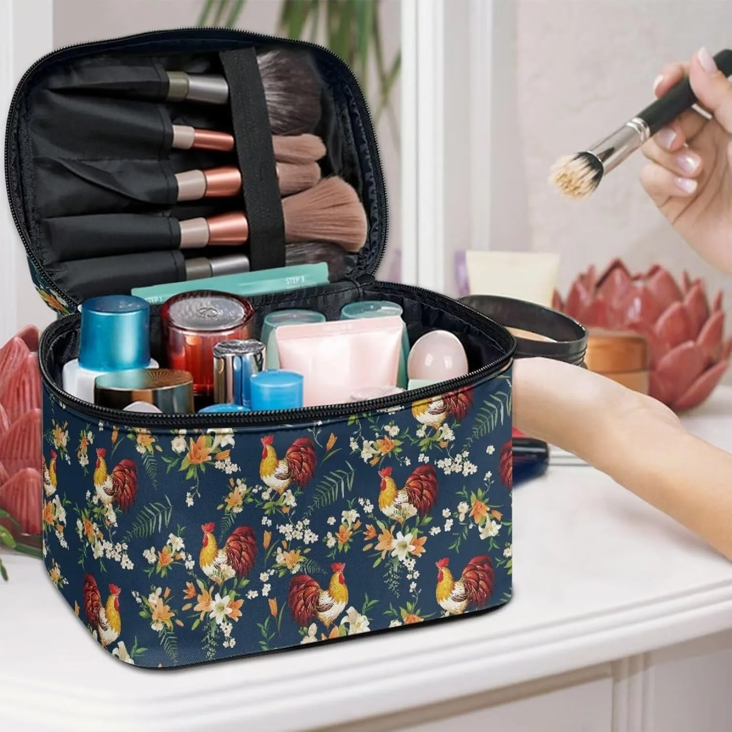 JoyLamoria Chicken Floral Toiletry Bag Case Durable Cosmetic Bag Makeup Box Zipper Pouch