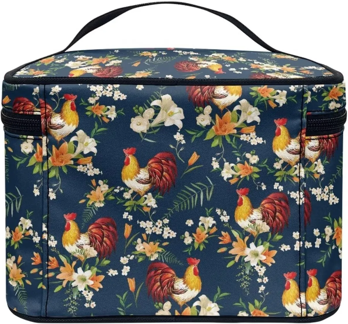 JoyLamoria Chicken Floral Toiletry Bag Case Durable Cosmetic Bag Makeup Box Zipper Pouch