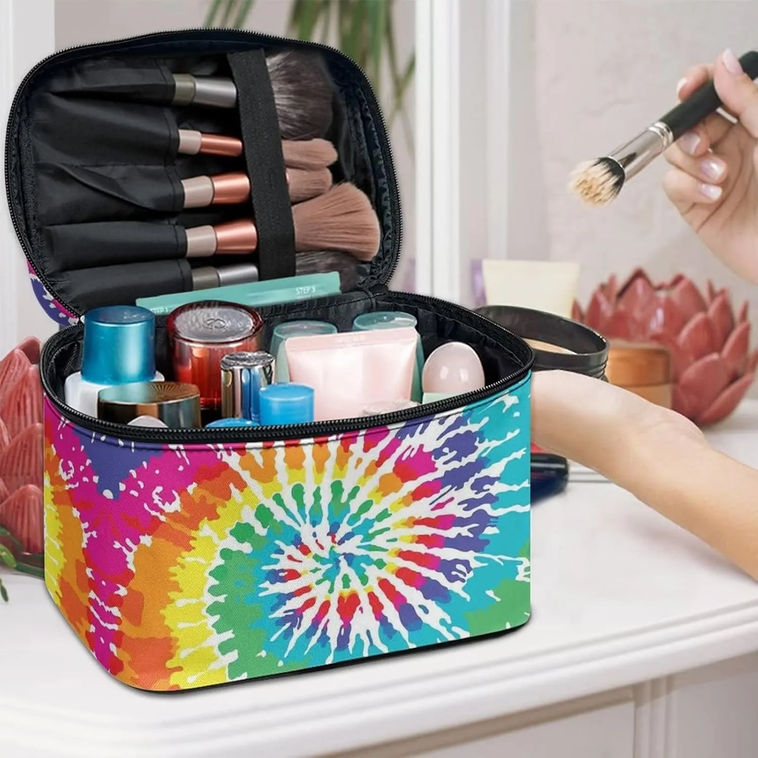 JoyLamoria Tie Dye Handbag Cosmetic Bag Travel Toiletry Bag Brush Bag with Pockets
