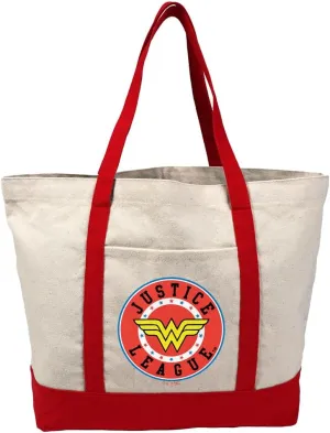 Justice League Wonder Woman Athletic Logo Canvas Tote Bag With External Pocket, Reusable Shoulder Bag for Shopping, Beach, Red