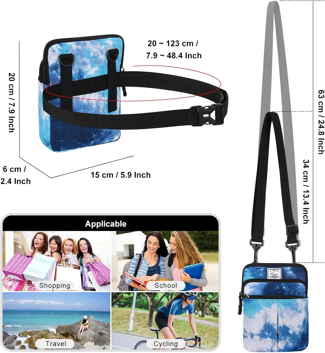 KAMO Multifunction Phone Bag One Shoulder Phone Waist Bag Diagonal Cross Bag Smart Phone Case Outdoor Bag Triple Zip Hipster Crossbody Purse for Women & Men
