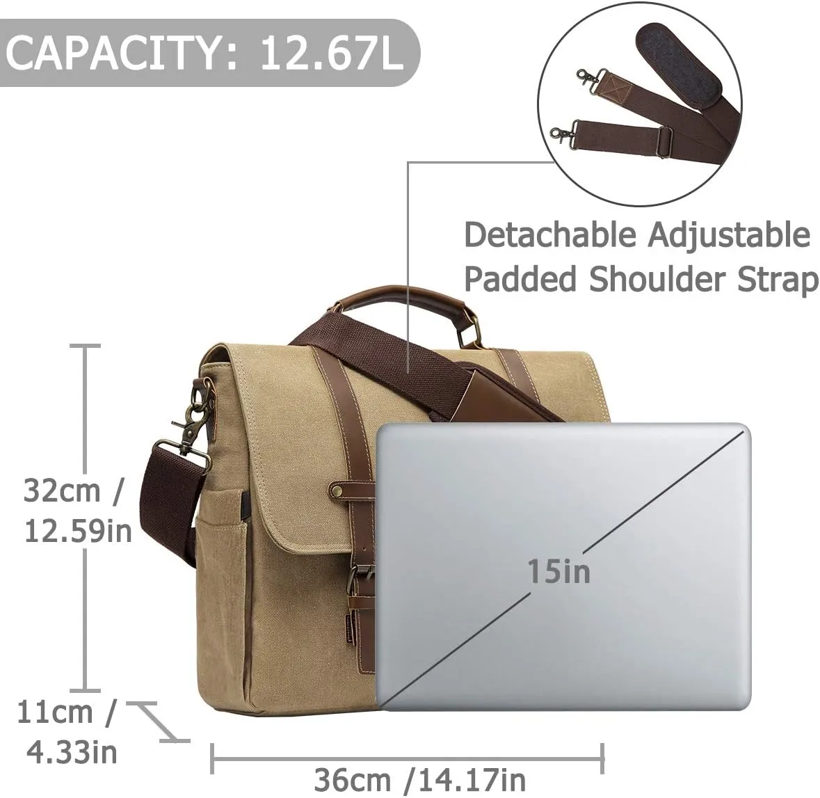 Kasqo Mens Messenger Bag, 15.6 Inch Water resistence Vintage Canvas Briefcase Satchel Bag Shoulder Work Bag Padded Shockpoof