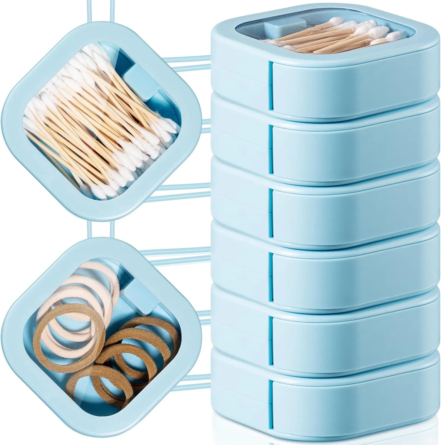 Kathfly 6 Pcs Hair Tie Container Dispenser Organizer Hair Tie Holder Travel Portable Bobby Pin Holder Cotton Swabs Dispenser Women Bathroom Storage Accessory(Blue)