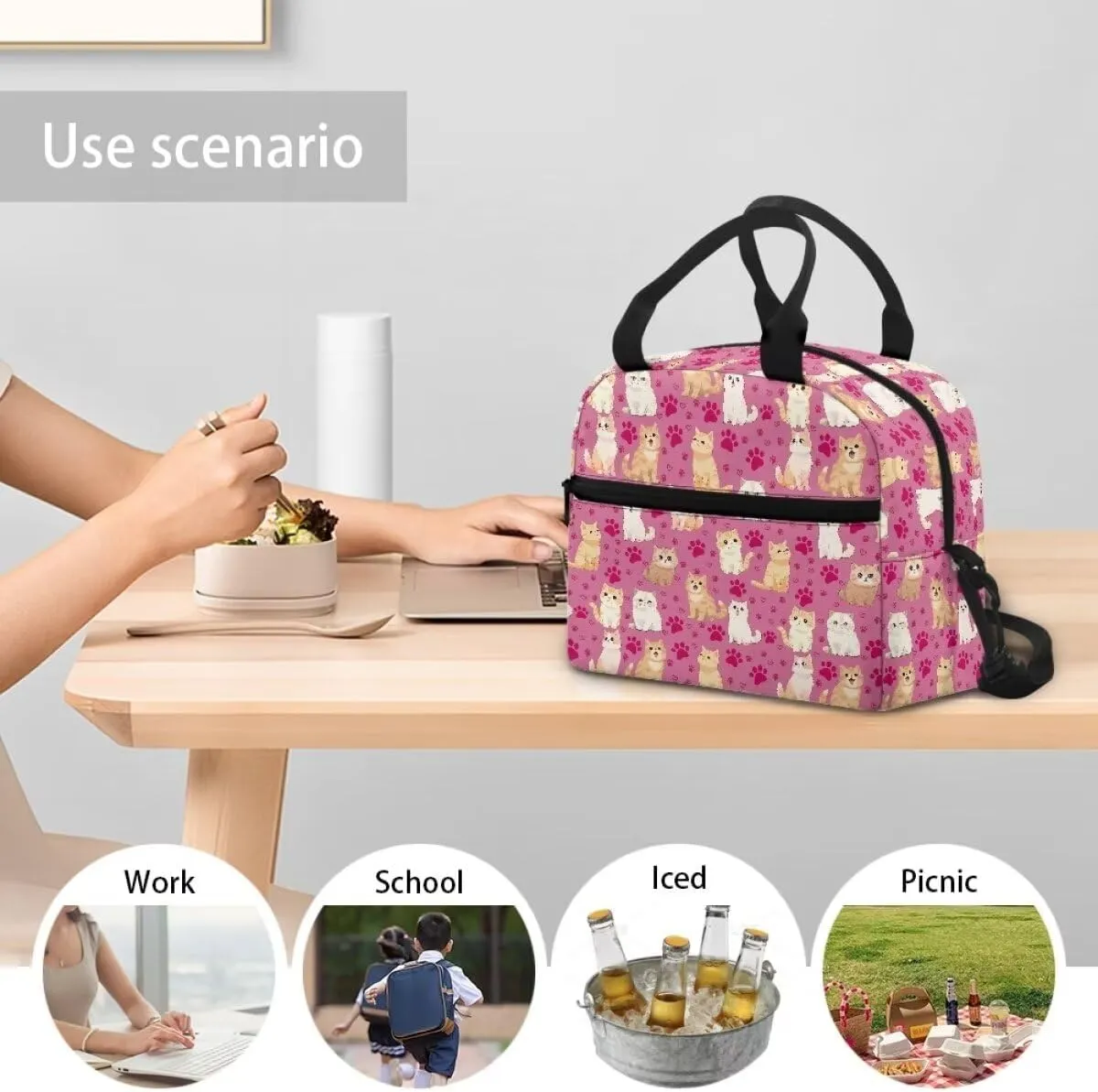 Kawaii Cat Print Lunch Box Backpack for Student 6th to 8th Grade Portable Meal Bag Lunch Box for Kids Retain freshness Leak Proof Lunch Cooler Bag for Middle School