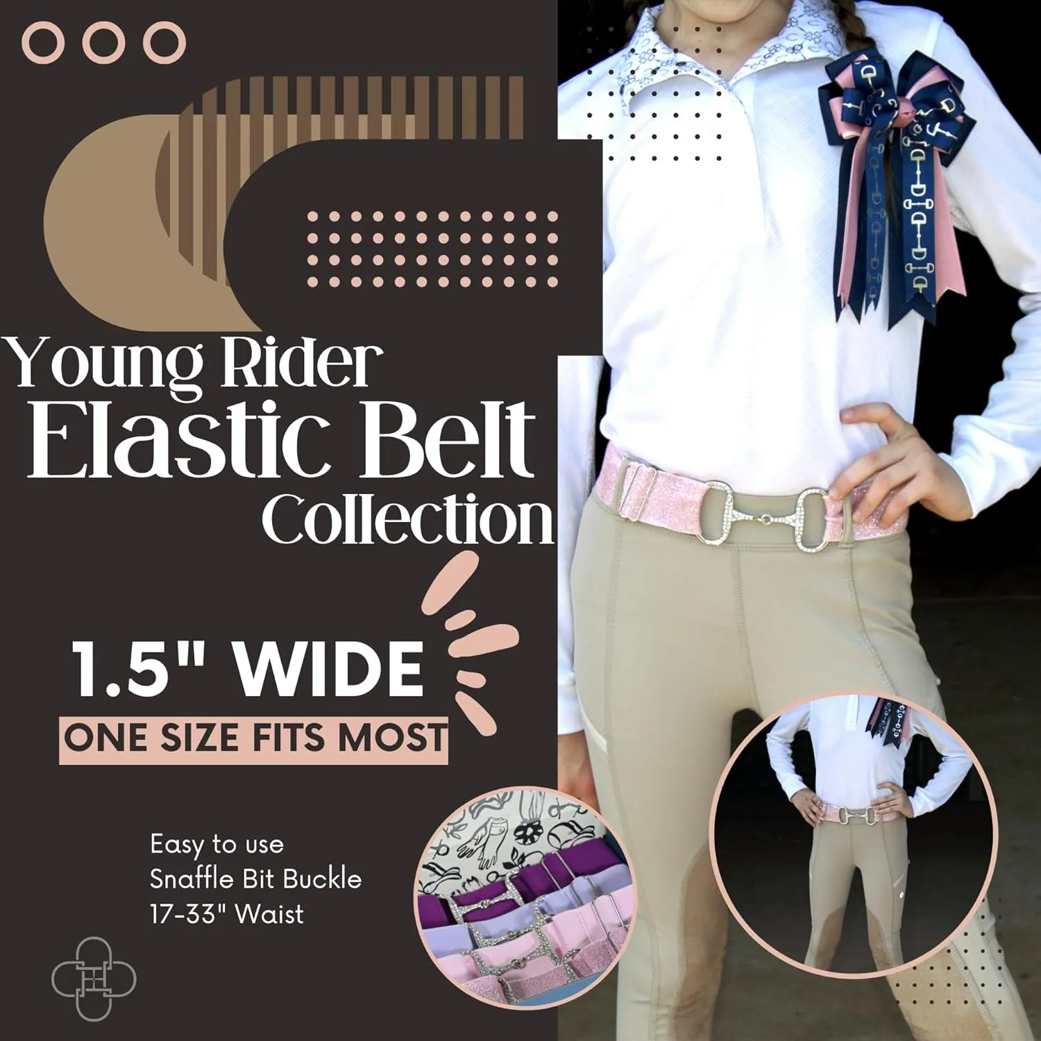Kids 1.5 inch Equestrian Belt, Adjustable Elastic Belts for Girls, Perfect for Riding Breeches