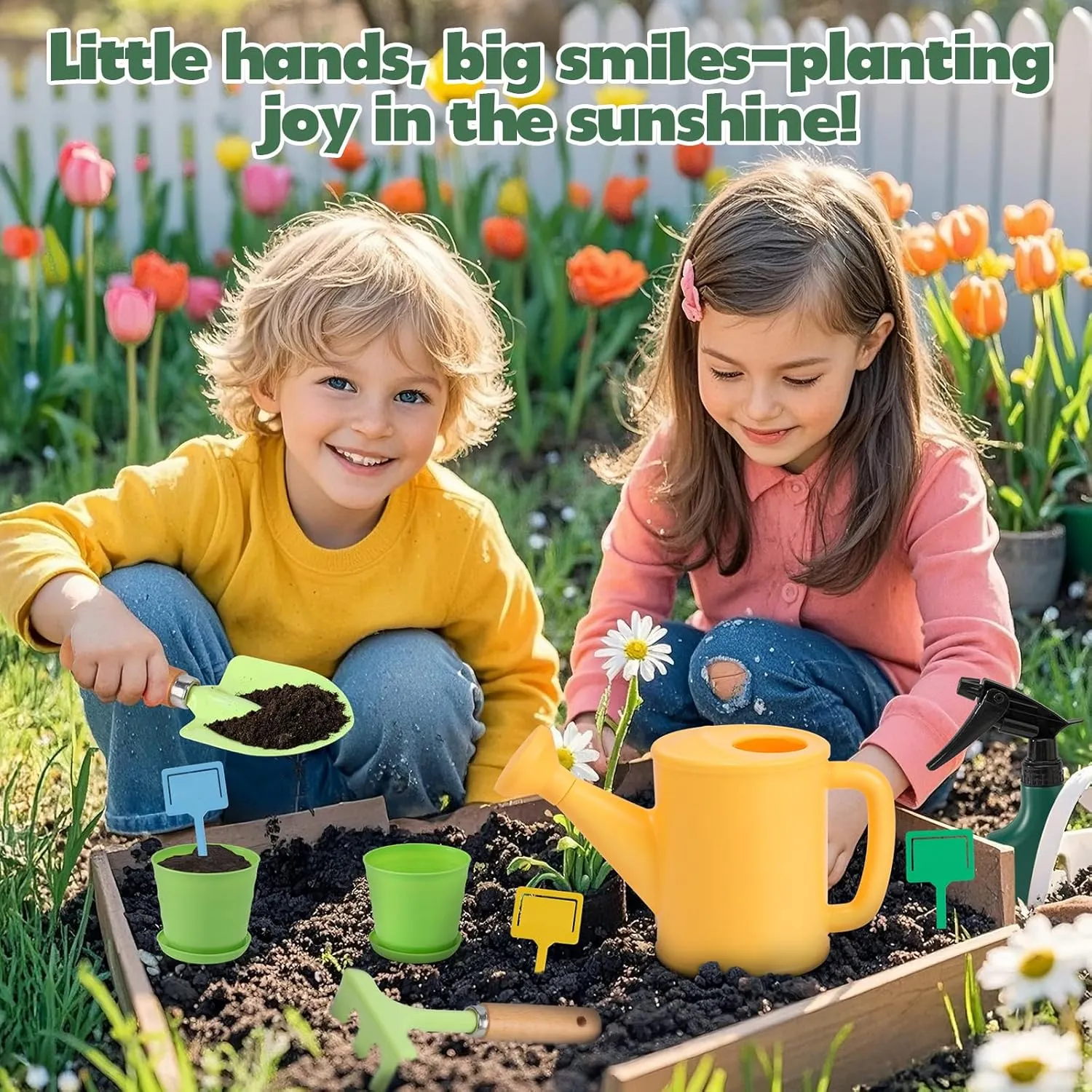 Kids Gardening Tools Set, Garden Toys w/Wooden Handle Alloy Rake,Fork,Trowel, Watering Can,Gloves,Tote Bag,Plant pots, DIY Bookmark Kits, Spring Summer Toy Outdoor Gift for Toddler Boy Girl
