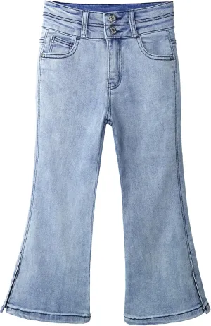 KIDSCOOL SPACE Girls Jeans,Raw Edge 3 Buttons Stretchy Bell-Bottom Denim Pants