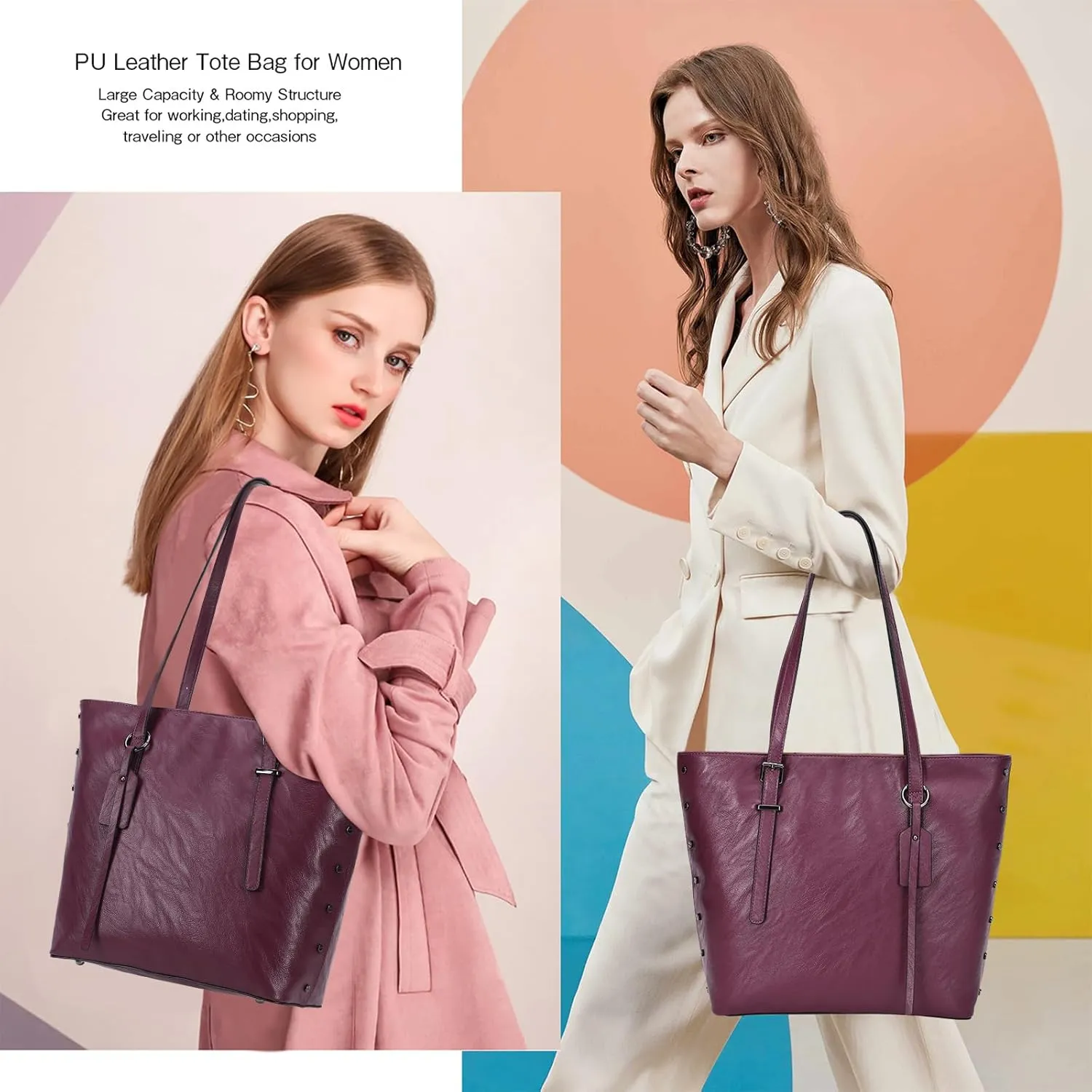 KL928 Handbag for Women Tote Bag PU Leather Large Shoulder Bag Top Handle Satchel Purses 2Pcs Set