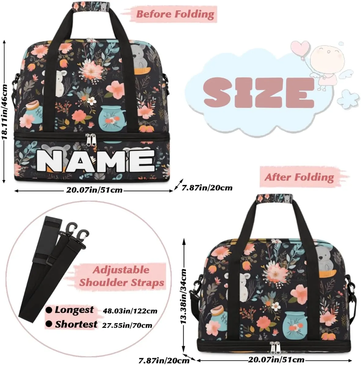 Koala Flower Custom Foldable Duffle Bag with Shoes Compartment Personalized Large Capacity Waterproof Travel Weekender Bag Overnight Bag for Sports Gym
