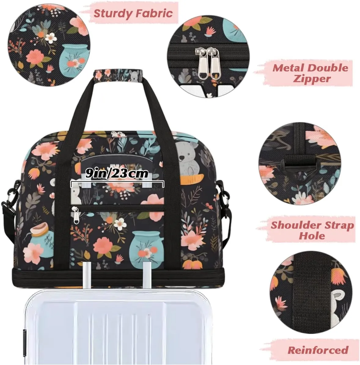 Koala Flower Custom Foldable Duffle Bag with Shoes Compartment Personalized Large Capacity Waterproof Travel Weekender Bag Overnight Bag for Sports Gym