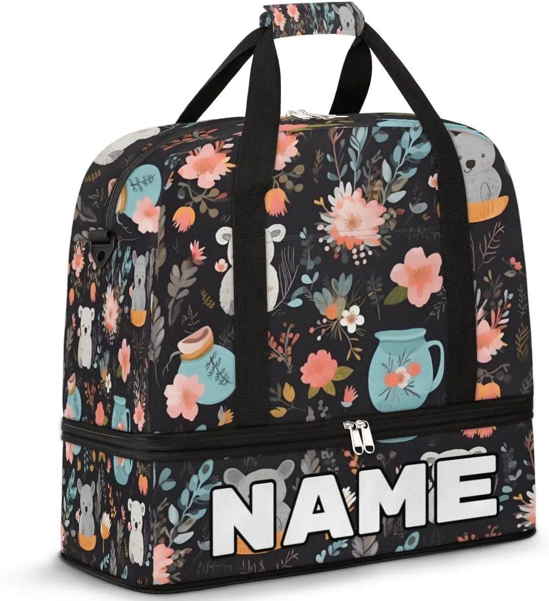 Koala Flower Custom Foldable Duffle Bag with Shoes Compartment Personalized Large Capacity Waterproof Travel Weekender Bag Overnight Bag for Sports Gym