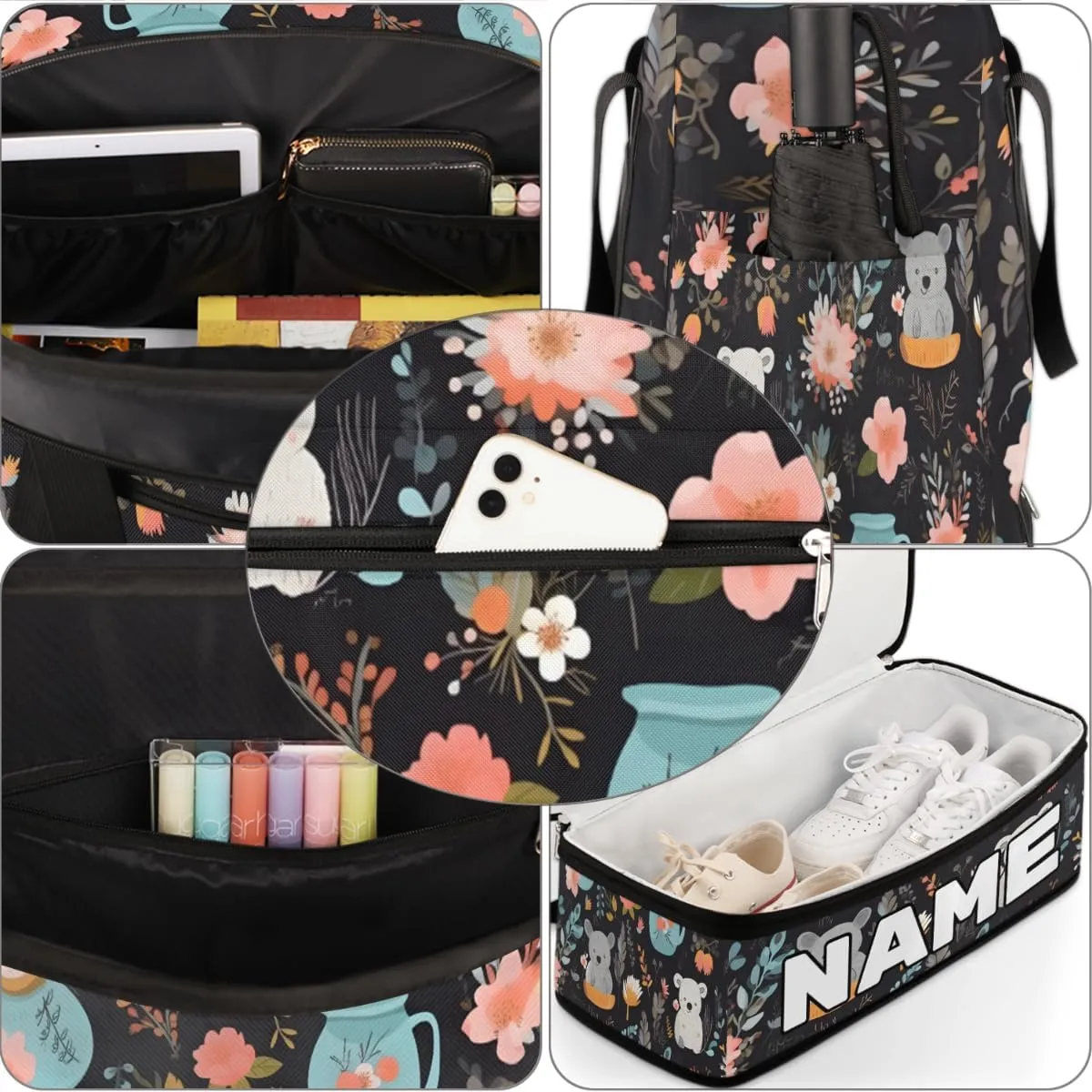 Koala Flower Custom Foldable Duffle Bag with Shoes Compartment Personalized Large Capacity Waterproof Travel Weekender Bag Overnight Bag for Sports Gym