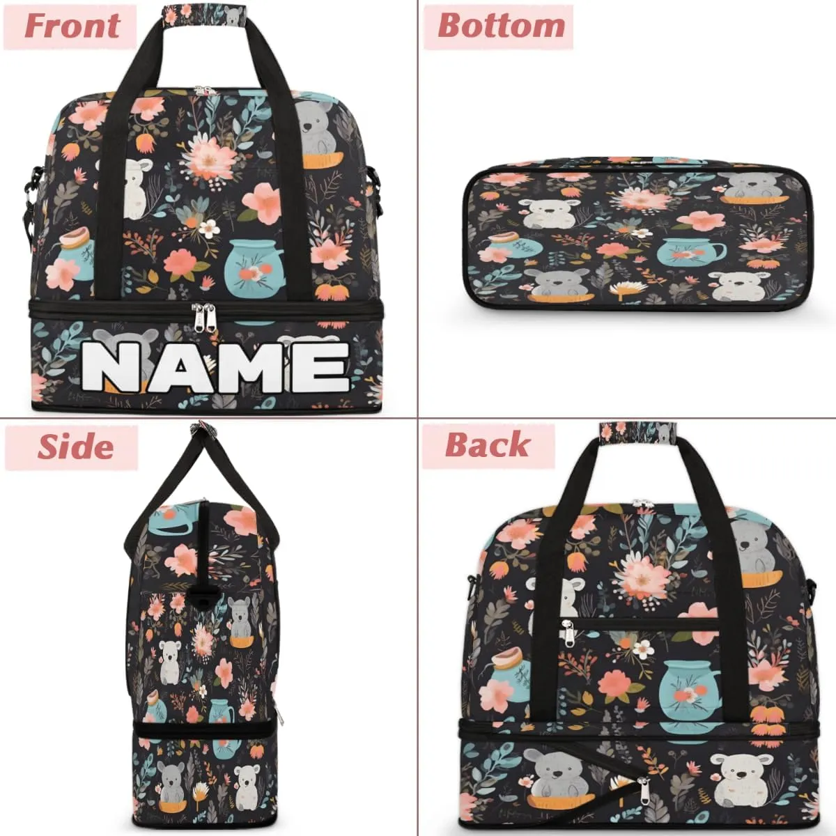 Koala Flower Custom Foldable Duffle Bag with Shoes Compartment Personalized Large Capacity Waterproof Travel Weekender Bag Overnight Bag for Sports Gym