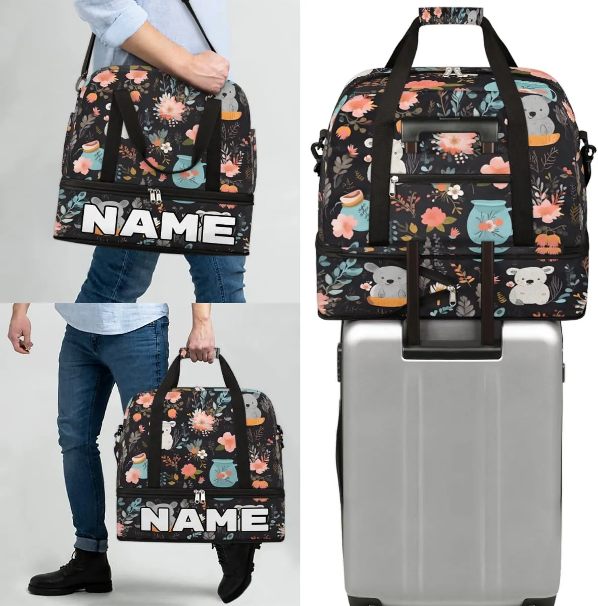 Koala Flower Custom Foldable Duffle Bag with Shoes Compartment Personalized Large Capacity Waterproof Travel Weekender Bag Overnight Bag for Sports Gym