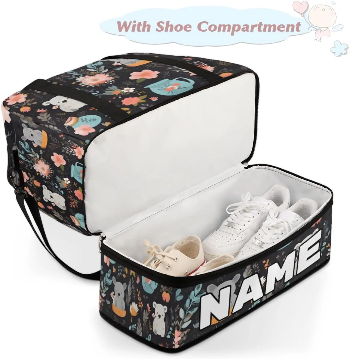 Koala Flower Custom Foldable Duffle Bag with Shoes Compartment Personalized Large Capacity Waterproof Travel Weekender Bag Overnight Bag for Sports Gym