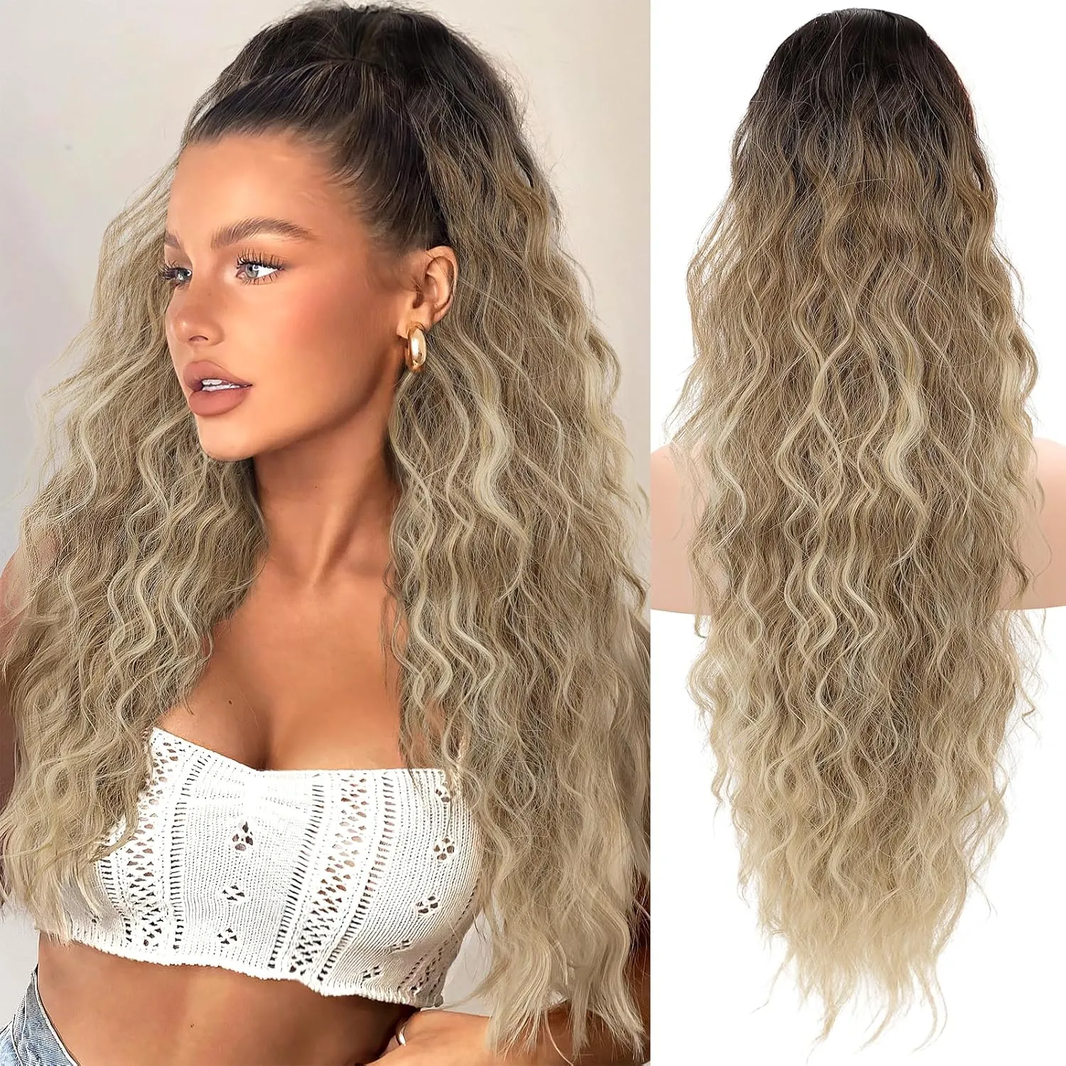 KooKaStyle Ponytail Extension 30 Inch Drawstring Pony Tails Hair Extensions for Women Long Curly Ponytail Synthetic Hairpieces for Daily Use（ Ombre Brown Mix Blonde）