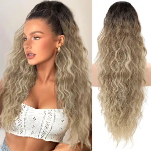 KooKaStyle Ponytail Extension 30 Inch Drawstring Pony Tails Hair Extensions for Women Long Curly Ponytail Synthetic Hairpieces for Daily Use（ Ombre Brown Mix Blonde）