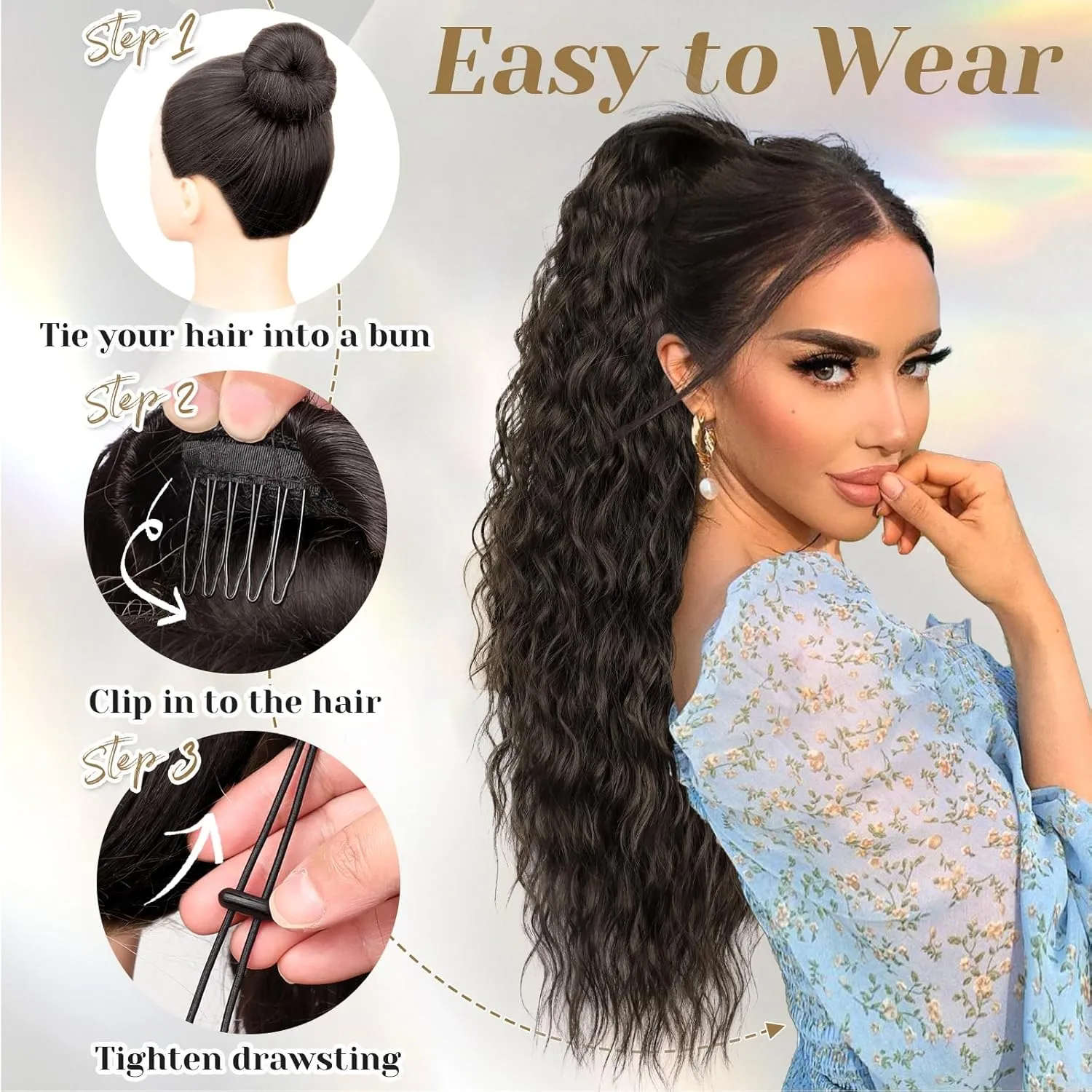 KooKaStyle Ponytail Extension 30 Inch Drawstring Pony Tails Hair Extensions for Women Long Curly Ponytail Synthetic Hairpieces for Daily Use（ Ombre Brown Mix Blonde）
