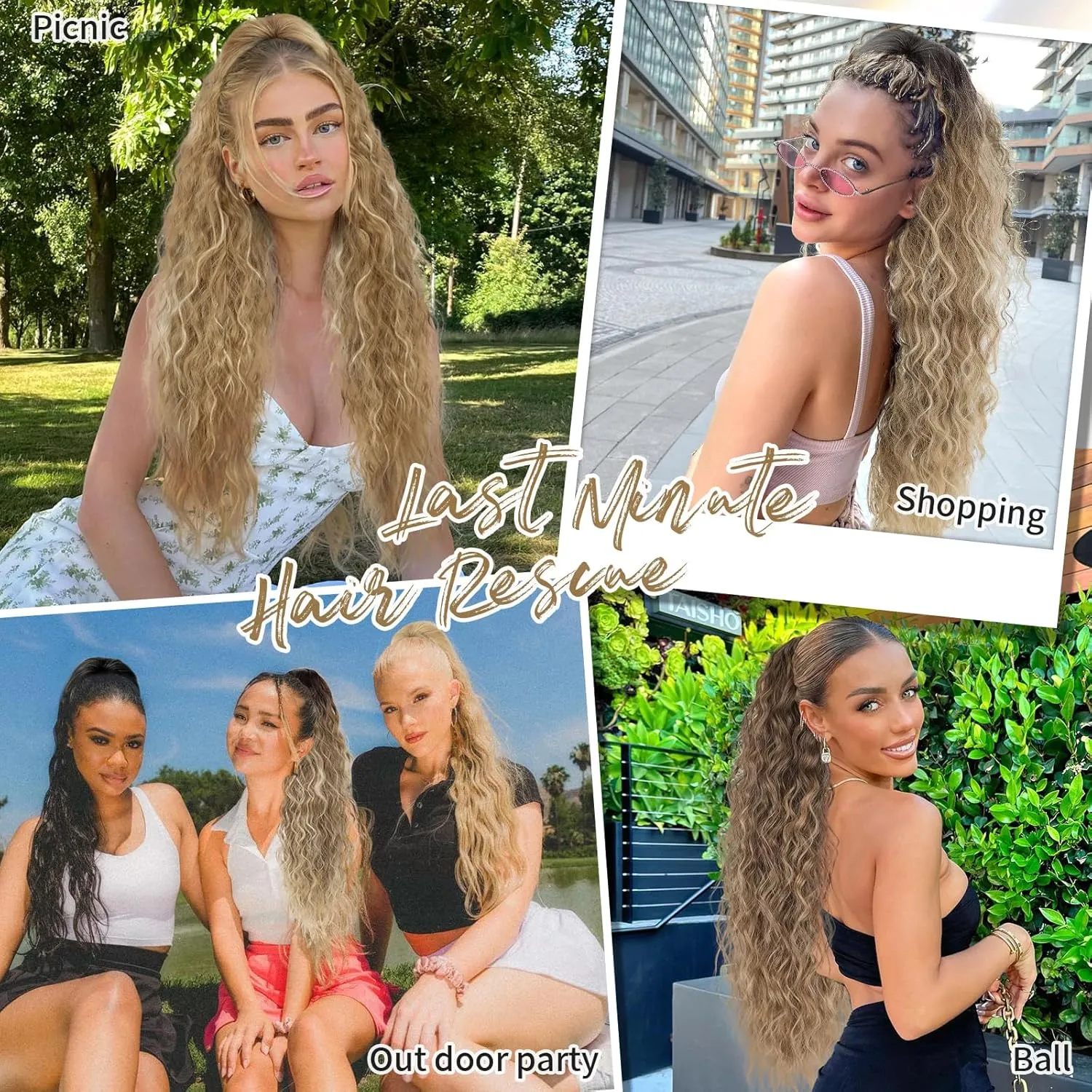 KooKaStyle Ponytail Extension 30 Inch Drawstring Pony Tails Hair Extensions for Women Long Curly Ponytail Synthetic Hairpieces for Daily Use（ Ombre Brown Mix Blonde）