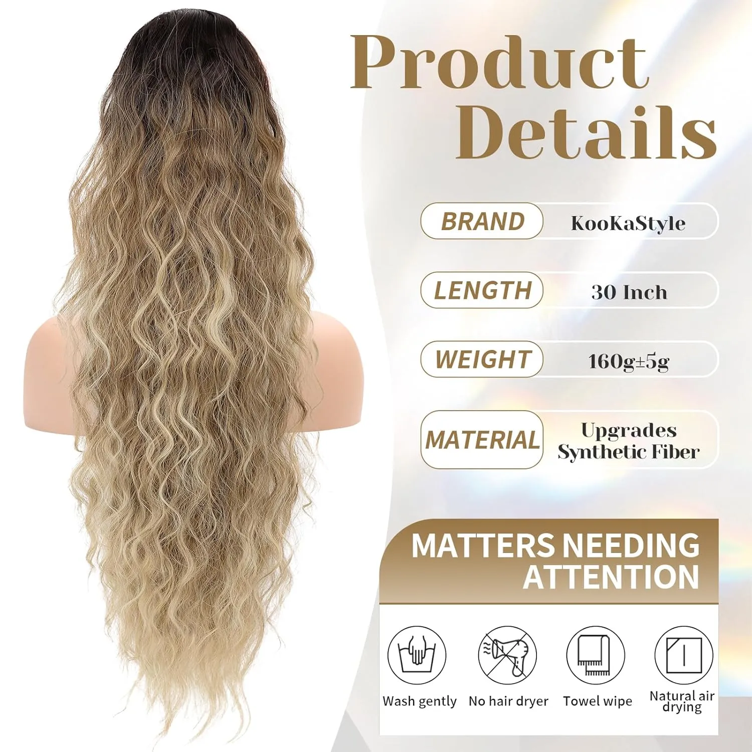 KooKaStyle Ponytail Extension 30 Inch Drawstring Pony Tails Hair Extensions for Women Long Curly Ponytail Synthetic Hairpieces for Daily Use（ Ombre Brown Mix Blonde）