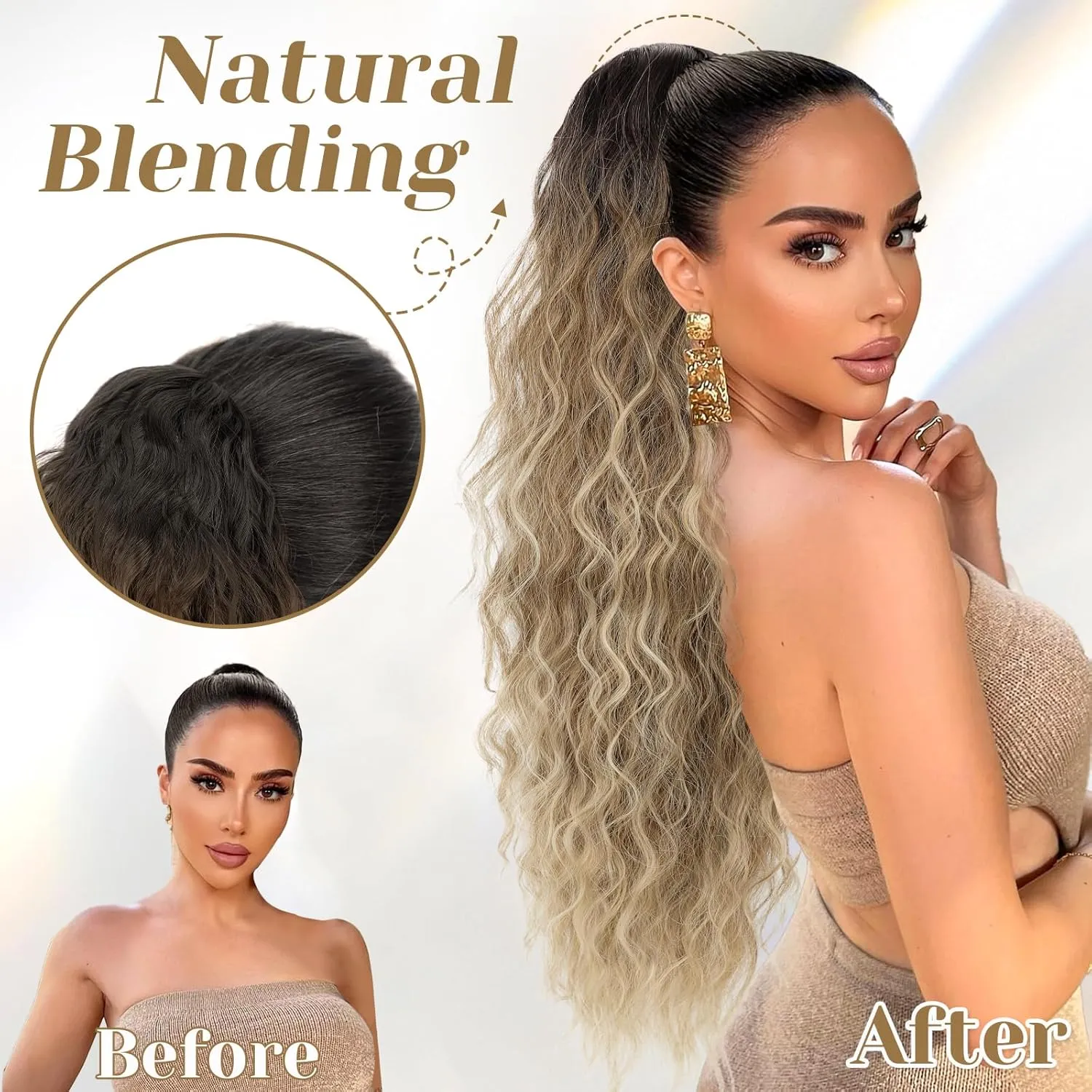 KooKaStyle Ponytail Extension 30 Inch Drawstring Pony Tails Hair Extensions for Women Long Curly Ponytail Synthetic Hairpieces for Daily Use（ Ombre Brown Mix Blonde）
