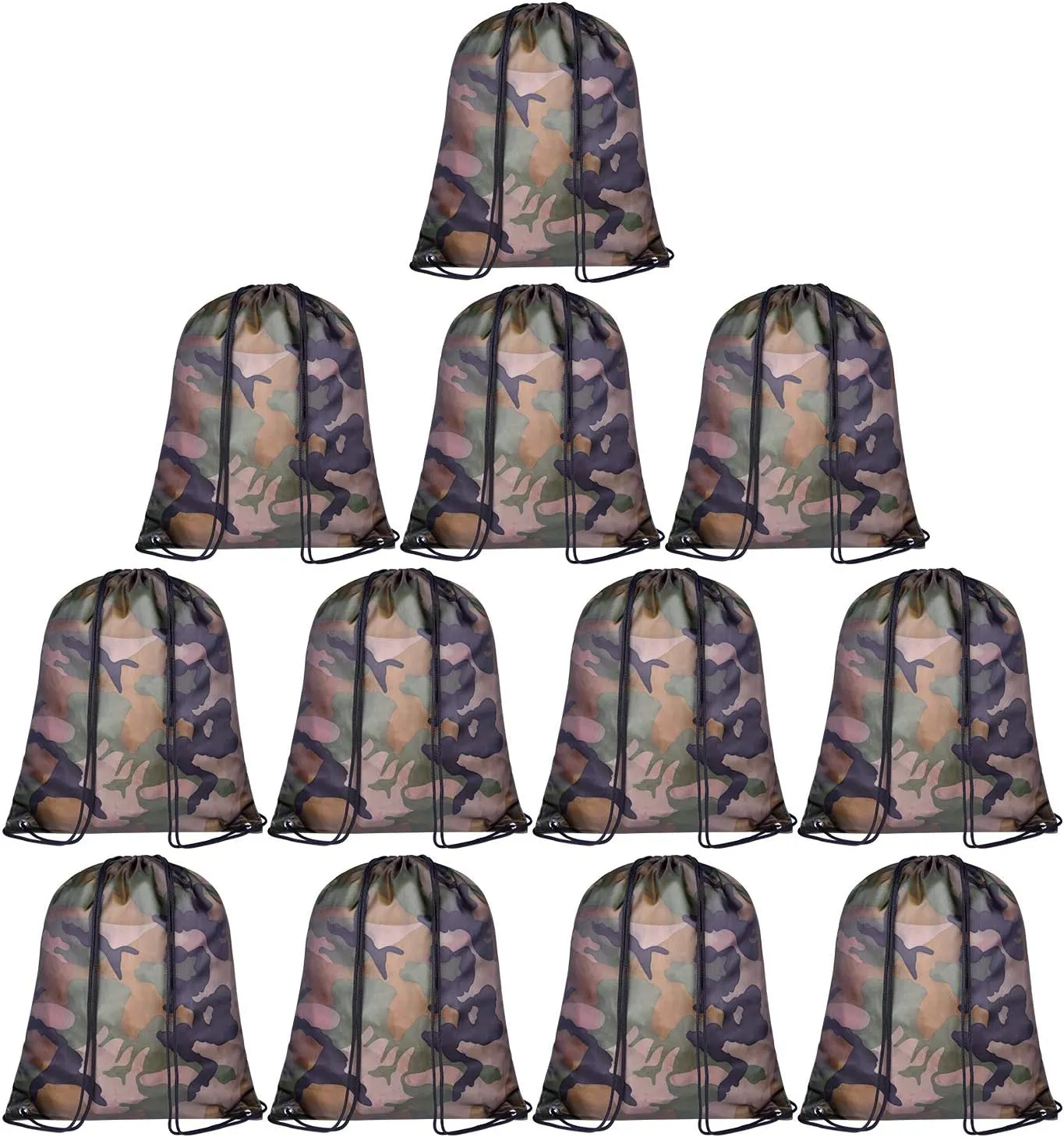 KUUQA 12 Pack Camouflage Drawstring Backpack Bulk String Backpack Cinch Kids Sport Bags Storage Bags for Gym Traveling (Camouflage)