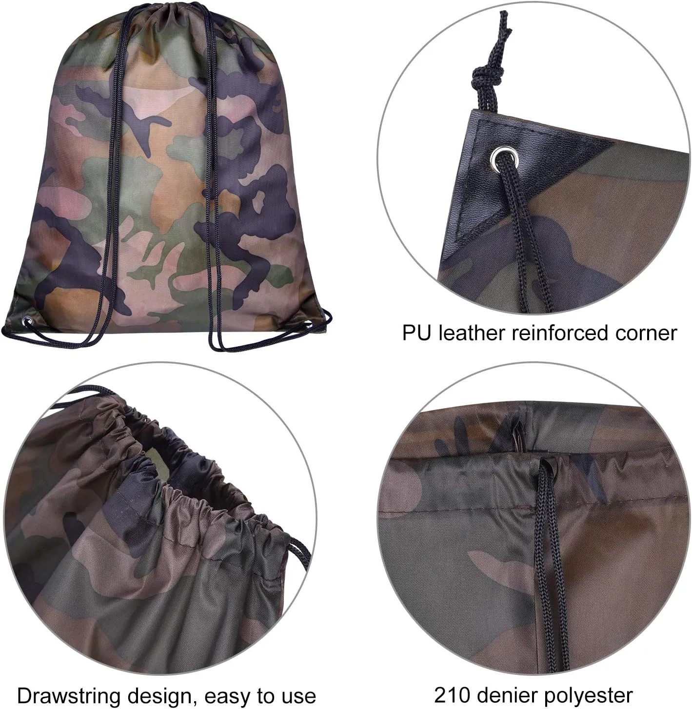 KUUQA 12 Pack Camouflage Drawstring Backpack Bulk String Backpack Cinch Kids Sport Bags Storage Bags for Gym Traveling (Camouflage)