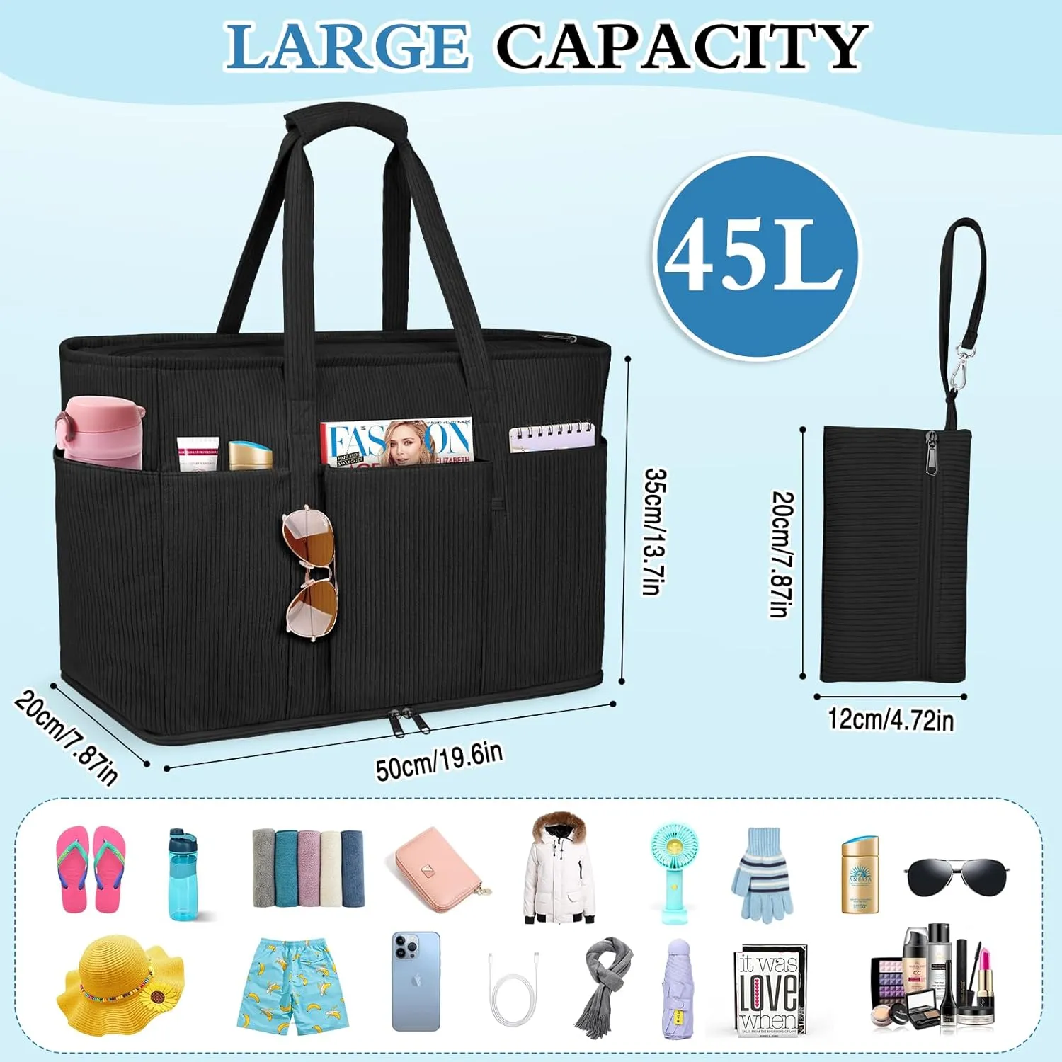 Large Beach Bag with Zipper, 12 Pockets Waterproof Sandproof Pool Bag Womens Mesh Beach Tote Bag for Travel Vacation